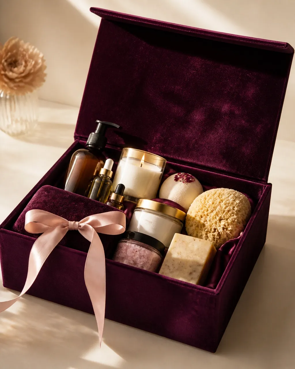 Open velvet self-care subscription box with curated bath and body treats